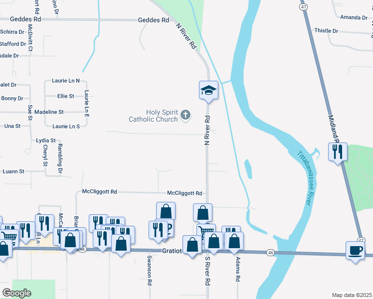 map of restaurants, bars, coffee shops, grocery stores, and more near 915 North River Road in Saginaw