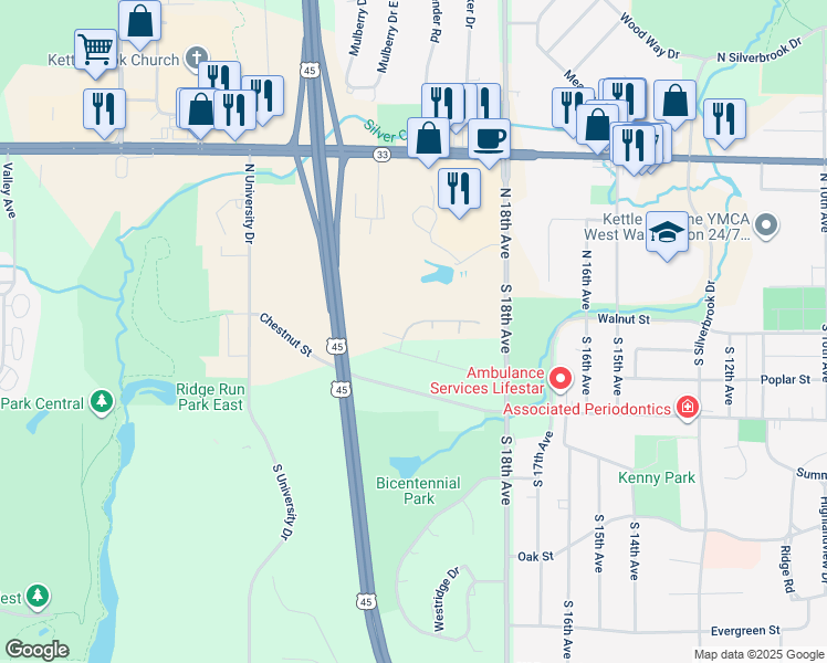 map of restaurants, bars, coffee shops, grocery stores, and more near 2015 Hilltop Drive in West Bend