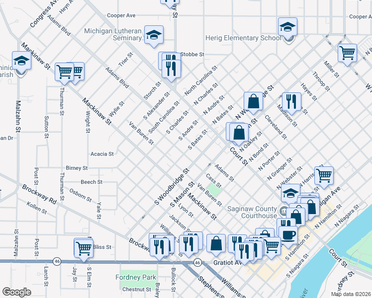 map of restaurants, bars, coffee shops, grocery stores, and more near 221 South Bates Street in Saginaw