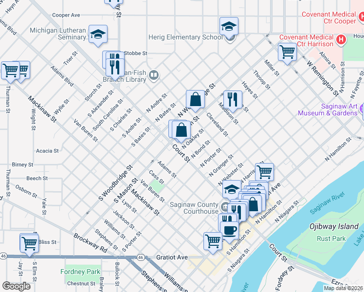map of restaurants, bars, coffee shops, grocery stores, and more near 1200 Court Street in Saginaw