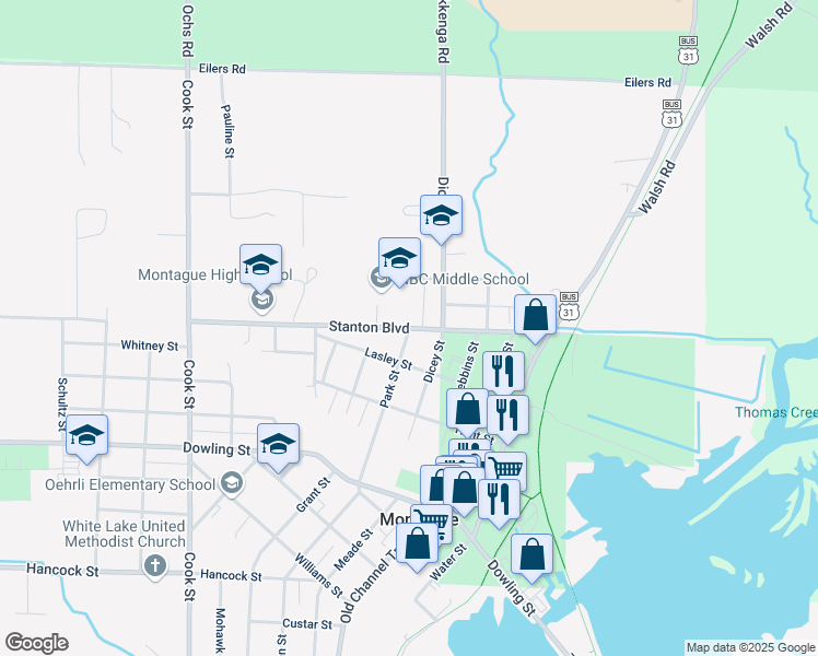 map of restaurants, bars, coffee shops, grocery stores, and more near 4700 Stanton Boulevard in Montague