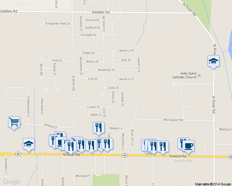 map of restaurants, bars, coffee shops, grocery stores, and more near 860 Cheryl Street in Saginaw
