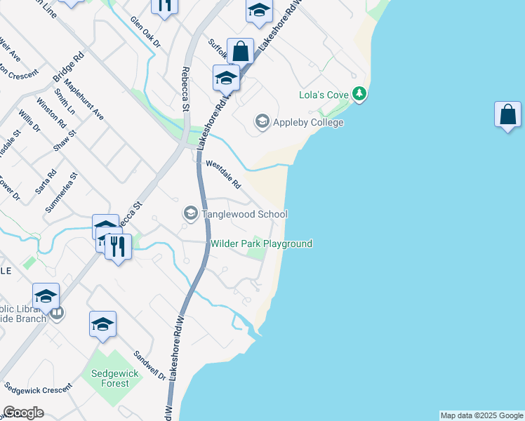 map of restaurants, bars, coffee shops, grocery stores, and more near Westdale Road in Oakville