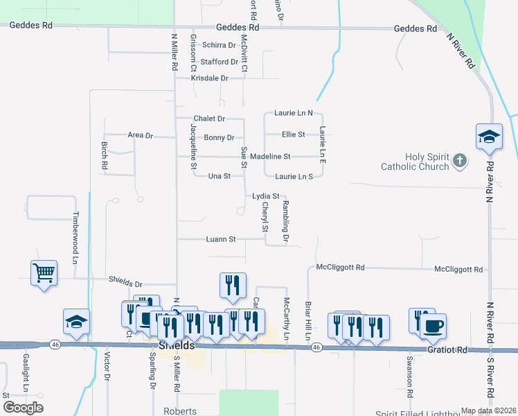 map of restaurants, bars, coffee shops, grocery stores, and more near 860 Cheryl Street in Saginaw