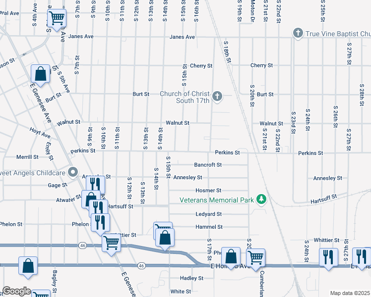 map of restaurants, bars, coffee shops, grocery stores, and more near 2137 Perkins Street in Saginaw