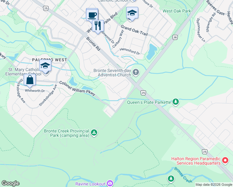 map of restaurants, bars, coffee shops, grocery stores, and more near Trawden Way in Oakville