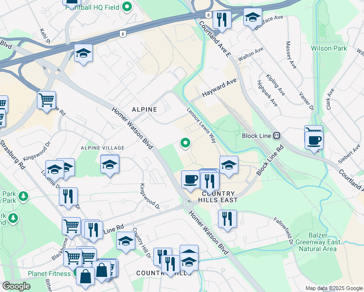 map of restaurants, bars, coffee shops, grocery stores, and more near 135 Lennox Lewis Way in Kitchener
