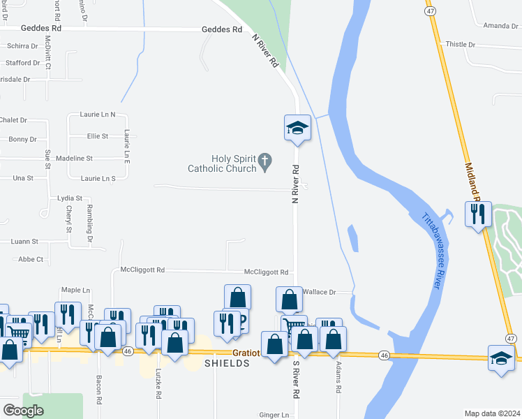 map of restaurants, bars, coffee shops, grocery stores, and more near 915 North River Road in Saginaw