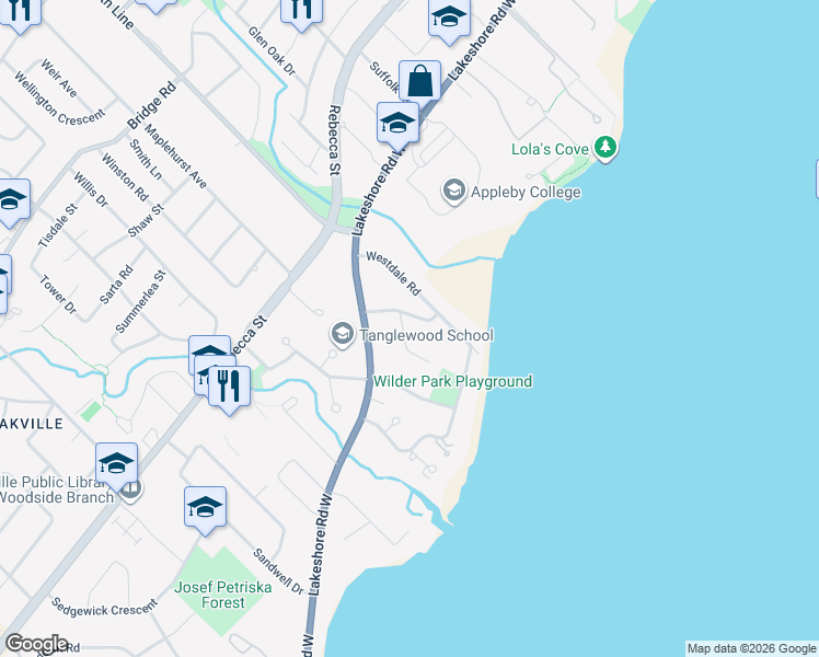 map of restaurants, bars, coffee shops, grocery stores, and more near 235 Tilford Road in Oakville