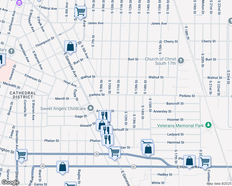 map of restaurants, bars, coffee shops, grocery stores, and more near 653 South 11th Street in Saginaw