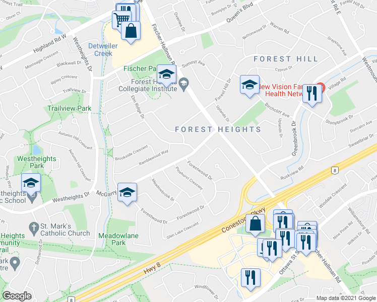 map of restaurants, bars, coffee shops, grocery stores, and more near 62 McGarry Drive in Kitchener