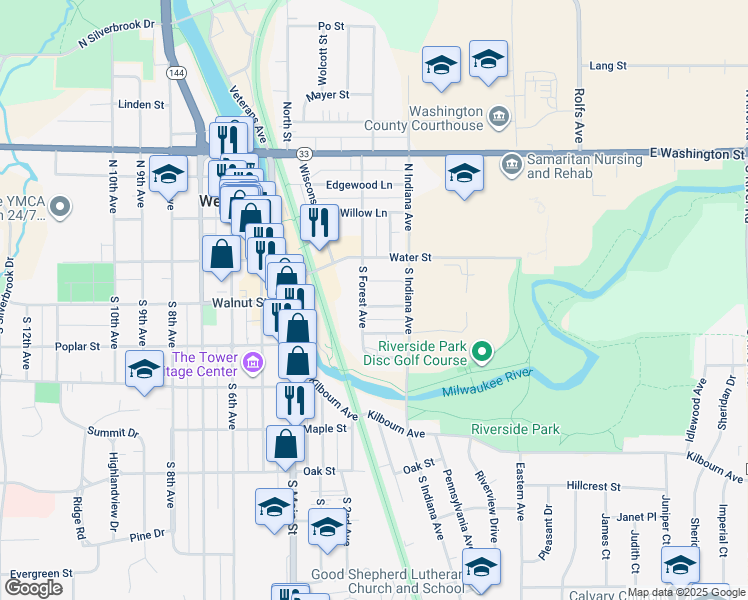map of restaurants, bars, coffee shops, grocery stores, and more near 212 South Street in West Bend