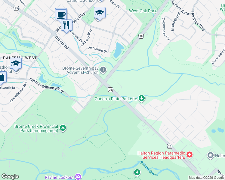 map of restaurants, bars, coffee shops, grocery stores, and more near Bronte Road in Oakville