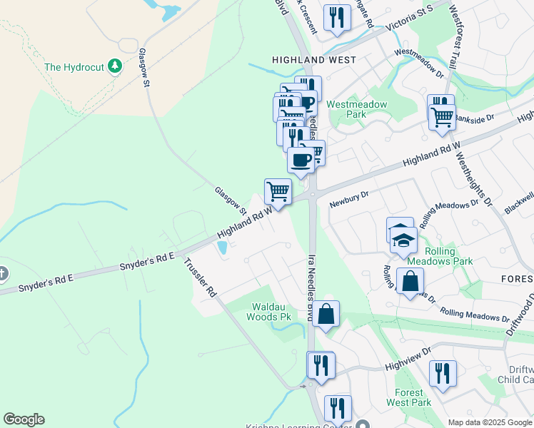 map of restaurants, bars, coffee shops, grocery stores, and more near 1557 Highland Road West in Kitchener