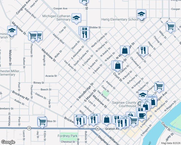 map of restaurants, bars, coffee shops, grocery stores, and more near 221 South Bates Street in Saginaw