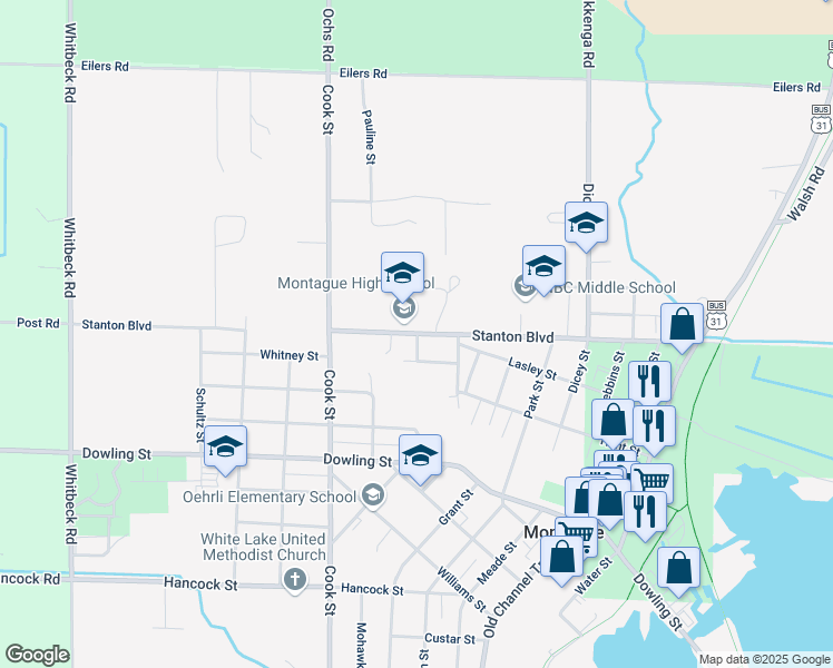 map of restaurants, bars, coffee shops, grocery stores, and more near 4900 Stanton Boulevard in Montague