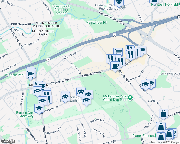 map of restaurants, bars, coffee shops, grocery stores, and more near 20 Palace Street in Kitchener