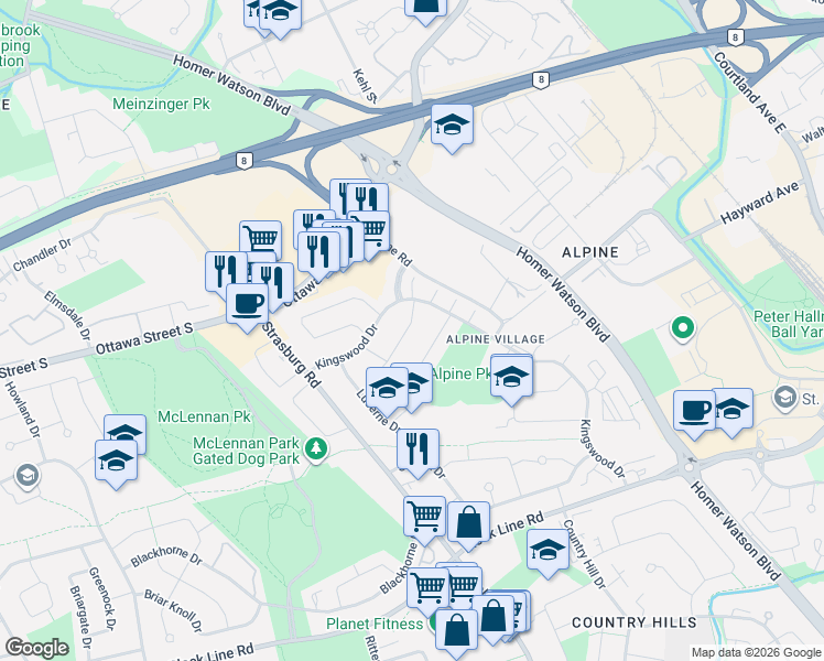 map of restaurants, bars, coffee shops, grocery stores, and more near 163 Appalachian Crescent in Kitchener