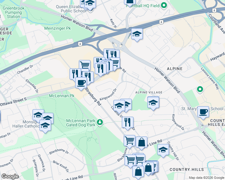 map of restaurants, bars, coffee shops, grocery stores, and more near 182 Roberts Crescent in Kitchener