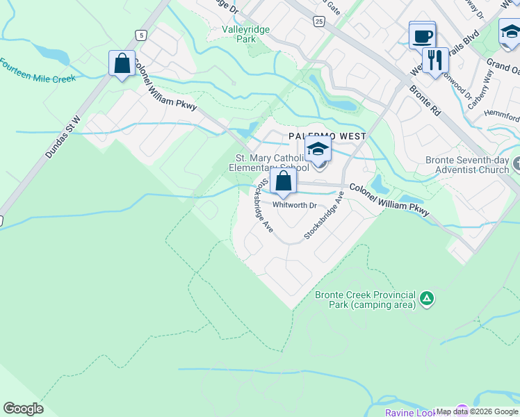 map of restaurants, bars, coffee shops, grocery stores, and more near 3323 Stocksbridge Avenue in Oakville