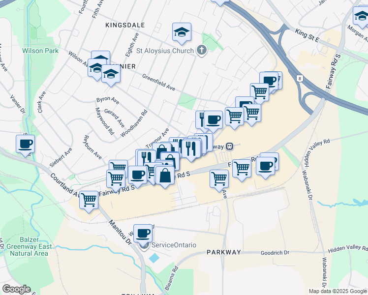 map of restaurants, bars, coffee shops, grocery stores, and more near 27 Balfour Crescent in Kitchener