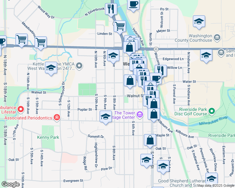 map of restaurants, bars, coffee shops, grocery stores, and more near 807 Walnut Street in West Bend