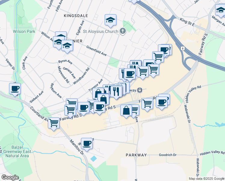 map of restaurants, bars, coffee shops, grocery stores, and more near 425 Wilson Avenue in Kitchener