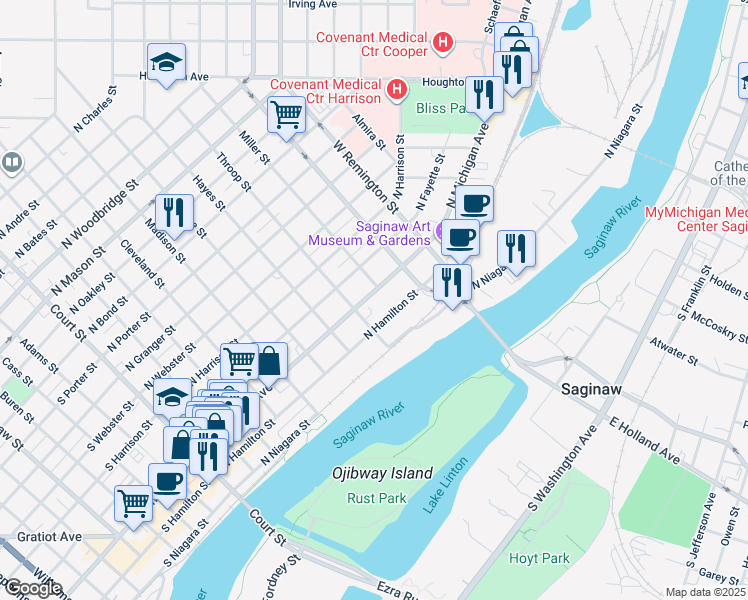 map of restaurants, bars, coffee shops, grocery stores, and more near 815 North Hamilton Street in Saginaw