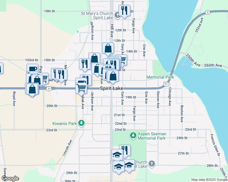 map of restaurants, bars, coffee shops, grocery stores, and more near 1801 Hill Avenue in Spirit Lake