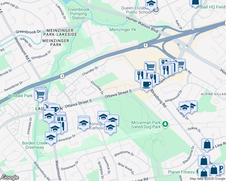 map of restaurants, bars, coffee shops, grocery stores, and more near in Kitchener