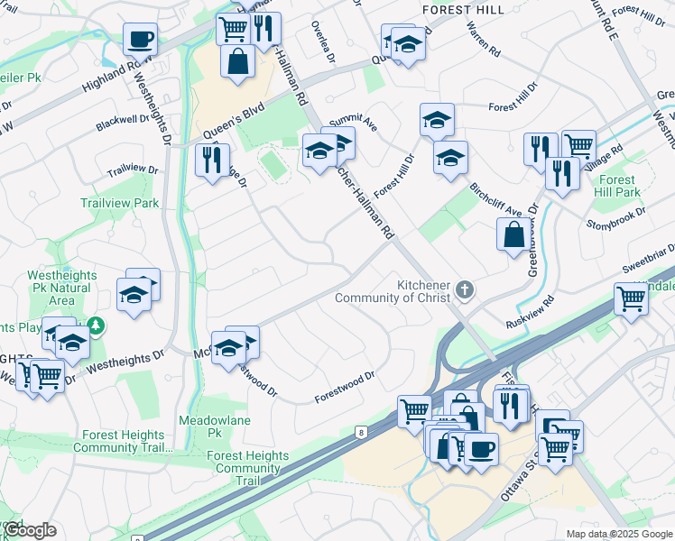 map of restaurants, bars, coffee shops, grocery stores, and more near 62 McGarry Drive in Kitchener