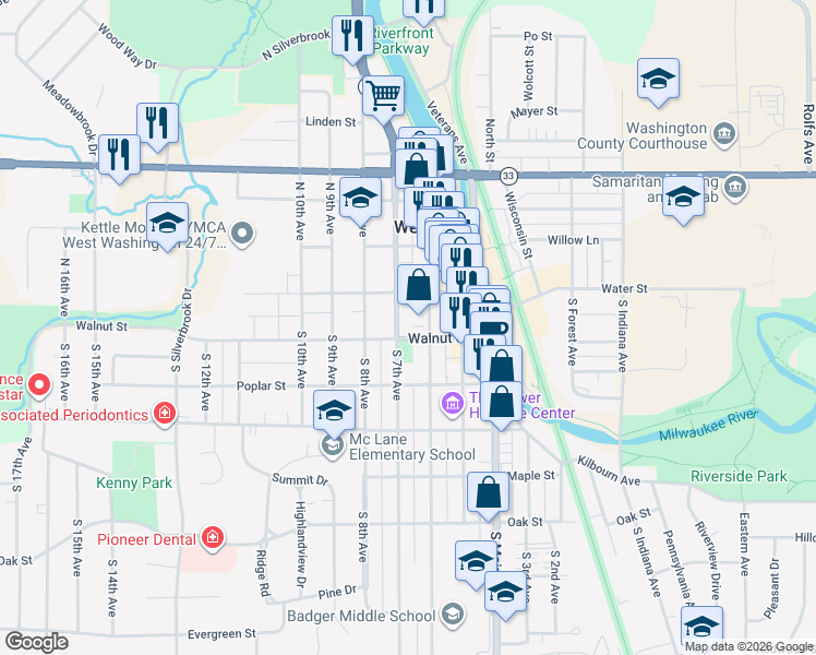 map of restaurants, bars, coffee shops, grocery stores, and more near in West Bend