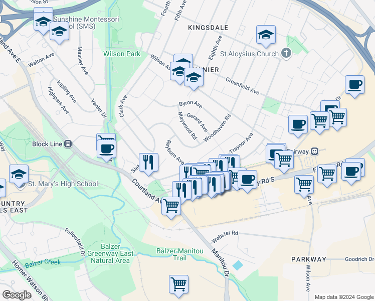 map of restaurants, bars, coffee shops, grocery stores, and more near 189 Woodhaven Road in Kitchener