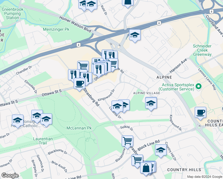 map of restaurants, bars, coffee shops, grocery stores, and more near 182 Roberts Crescent in Kitchener