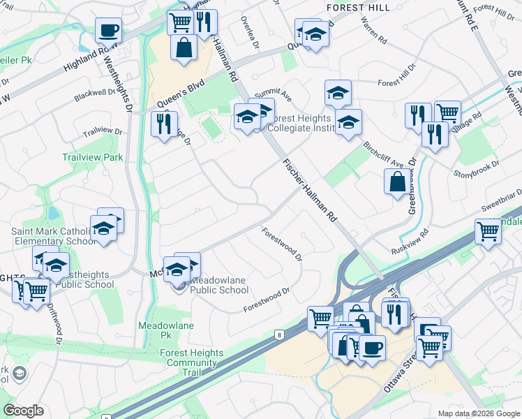 map of restaurants, bars, coffee shops, grocery stores, and more near 19 Elm Ridge Drive in Kitchener