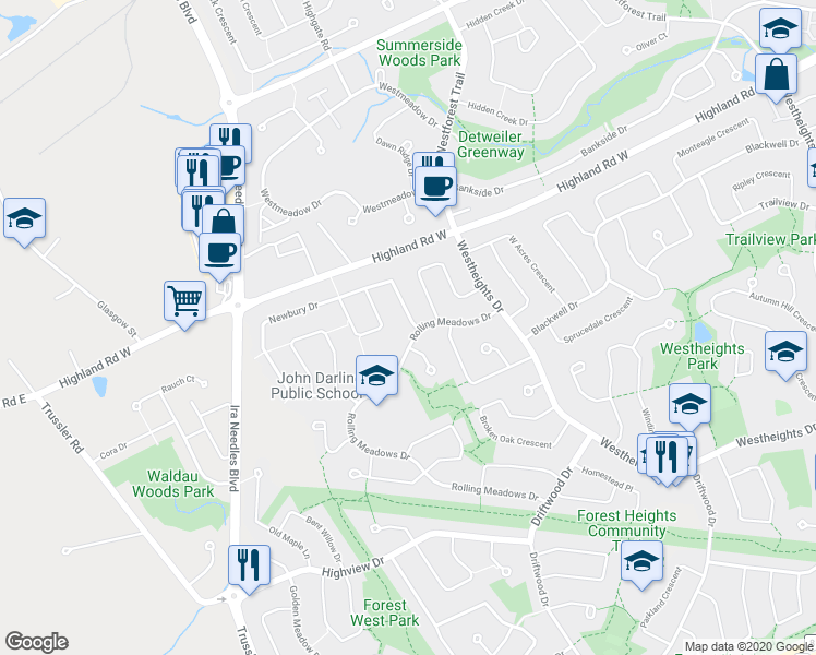 map of restaurants, bars, coffee shops, grocery stores, and more near 331 Newbury Drive in Kitchener