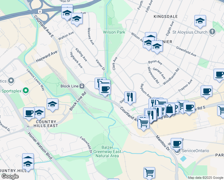 map of restaurants, bars, coffee shops, grocery stores, and more near 1200 Courtland Avenue East in Kitchener