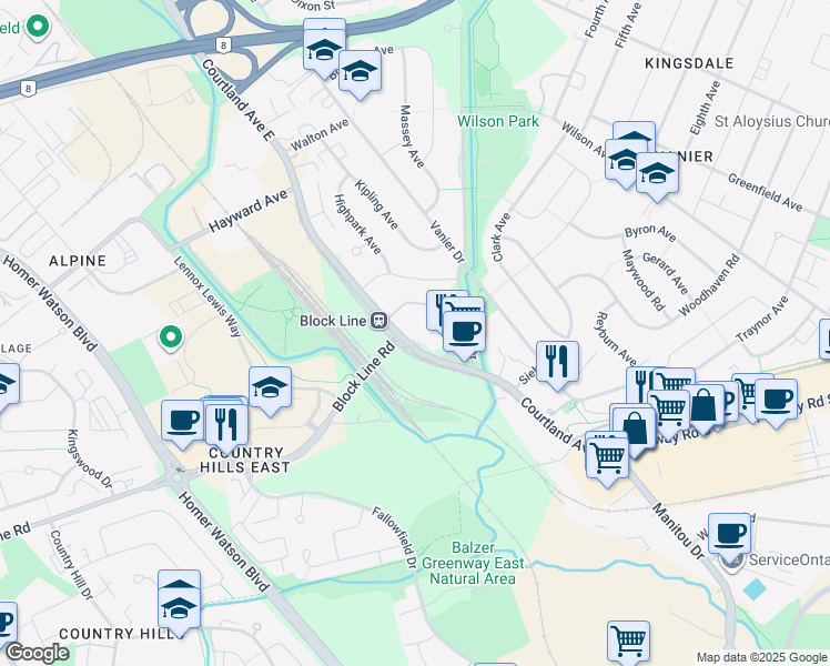 map of restaurants, bars, coffee shops, grocery stores, and more near 1100 Courtland Avenue East in Kitchener