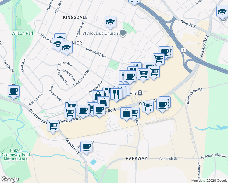 map of restaurants, bars, coffee shops, grocery stores, and more near 425 Wilson Avenue in Kitchener