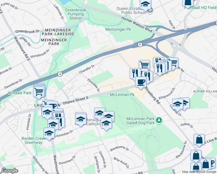 map of restaurants, bars, coffee shops, grocery stores, and more near 20 Palace Street in Kitchener