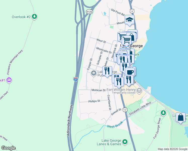 map of restaurants, bars, coffee shops, grocery stores, and more near 1 Schuyler Street in Lake George