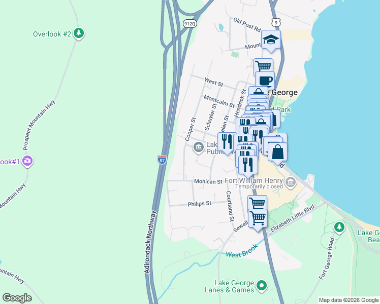 map of restaurants, bars, coffee shops, grocery stores, and more near 1 Schuyler Street in Lake George