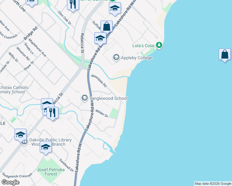 map of restaurants, bars, coffee shops, grocery stores, and more near 175 Westdale Road in Oakville