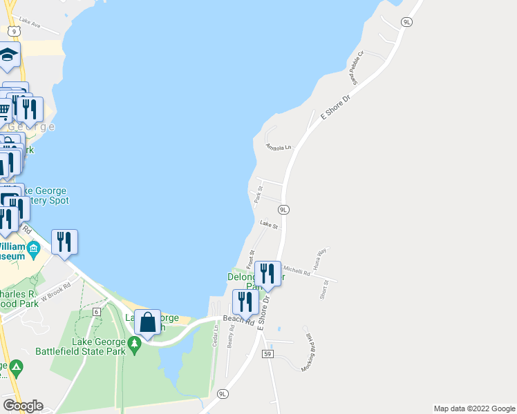 map of restaurants, bars, coffee shops, grocery stores, and more near 10 Lake Street in Lake George