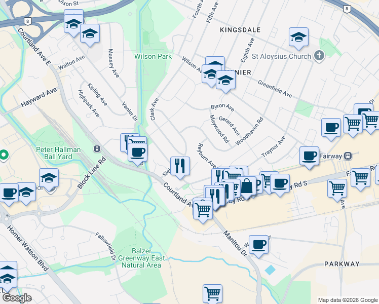 map of restaurants, bars, coffee shops, grocery stores, and more near 116 Siebert Avenue in Kitchener