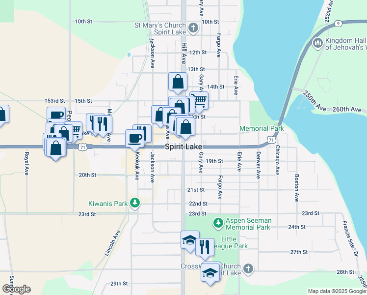 map of restaurants, bars, coffee shops, grocery stores, and more near 1801 Hill Avenue in Spirit Lake
