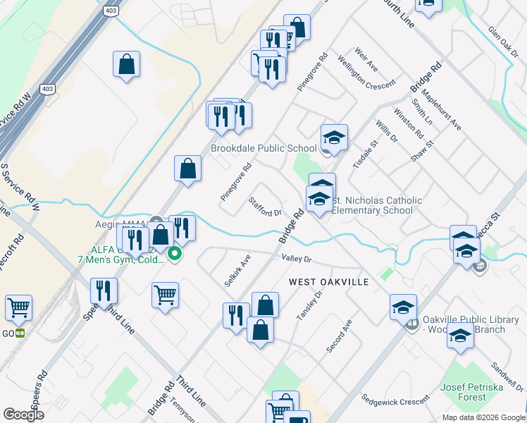 map of restaurants, bars, coffee shops, grocery stores, and more near Stafford Drive in Oakville