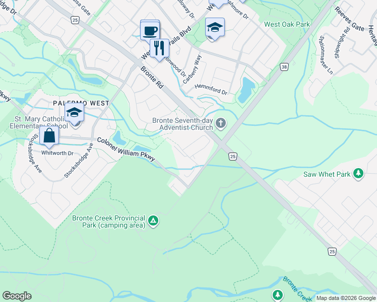 map of restaurants, bars, coffee shops, grocery stores, and more near 2033 Trawden Way in Oakville