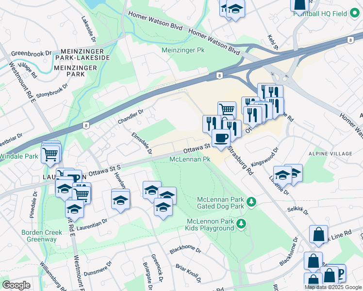 map of restaurants, bars, coffee shops, grocery stores, and more near 30 Palace Street in Kitchener
