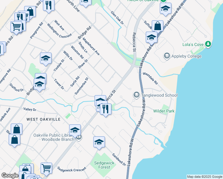 map of restaurants, bars, coffee shops, grocery stores, and more near 1093 Rebecca Street in Oakville